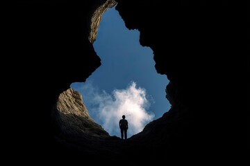 Silhouette of a person standing at the entrance of a dark cavern, looking up at the sky