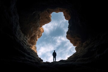 Silhouette of a person standing at the entrance of a dark cave, looking at the sky