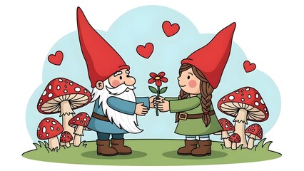 A delightful gnome couple exchanging a red flower, surrounded by magical mushrooms and floating hearts
