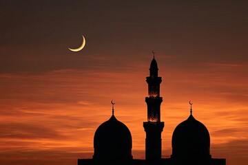 Silhouette of mosque with crescent moon against a dramatic sunset