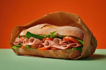 A close-up of a deli-style sandwich in a brown paper bag, with an orange background