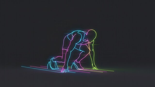 Vibrant neon outline of an athlete in starting blocks ready for abstract digital race