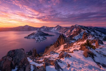 Scenic view of a lake within mountains during a vibrant sunset and snow