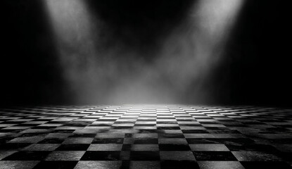Naklejka premium Abstract chessboard background with fog and spotlight illumination creating a mysterious atmosphere
