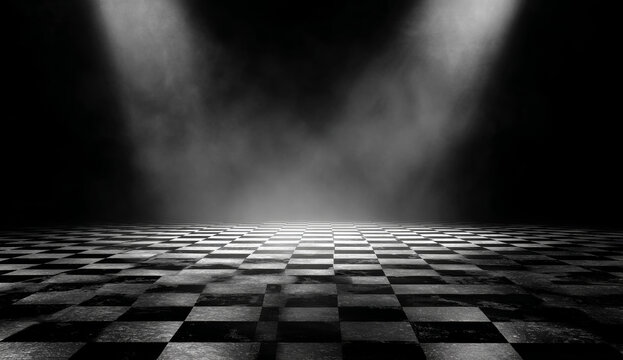 Abstract chessboard background with fog and spotlight illumination creating a mysterious atmosphere