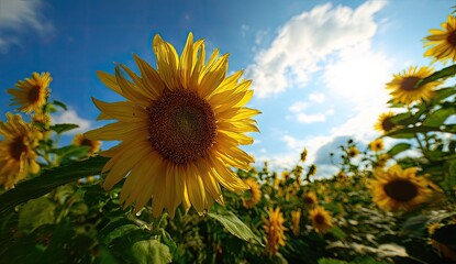 Close-up of a sunflower in field with others under a sunny blue sky