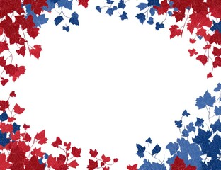 Red & blue leaf border framing a white space. Abstract, organic design
