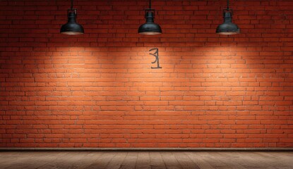 Textured brick wall illuminated by overhead lights, wooden floor beneath