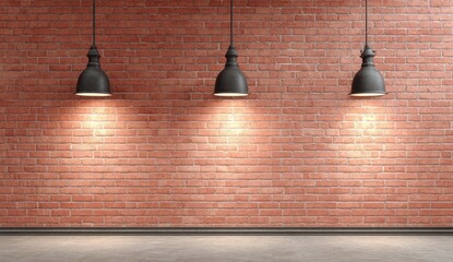 Three hanging lights illuminate a red brick wall above a concrete floor