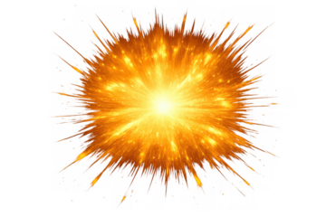 Explosive fiery burst creating bright golden energy glow effect with sparkles on transparent background
