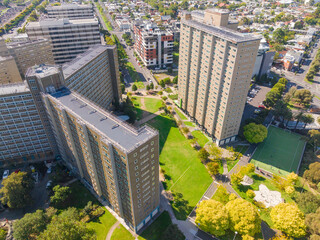 Aerial view of high rise apartment buildings in a metropolitan suburb
