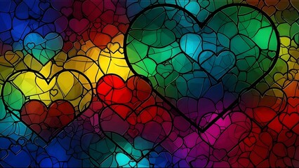 Colorful mosaic hearts creating a vibrant stained glass pattern with a spectrum of hues