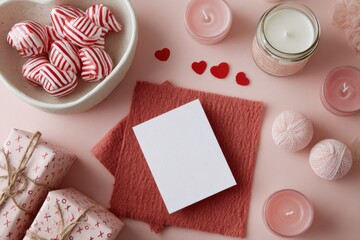 A flat lay features a white card on red paper surrounded by wrapped gifts, heart-shaped candies, candles, and scattered confetti. The setup creates a cozy scene for Valentine's Day