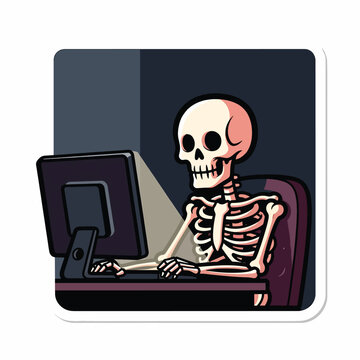 A cartoon skeleton working on a computer at a desk in a dark room