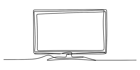 A minimalist single continuous line drawing of a modern television monitor set on a clean white background. Vector, illustration © Bobita