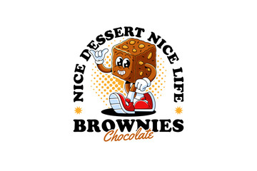Chocolate brownie with nuts retro cartoon character mascot illustration with standing and check hand pose for bakery and pastries branding and merchandise