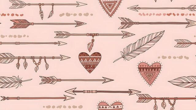 Boho tribal pattern with detailed arrows, feathers, and decorative hearts on a soft pink background - Powered by Adobe