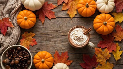 Cozy autumn flat lay with pumpkins, colorful fall leaves, pinecones, acorns, and a mug of hot chocolate.