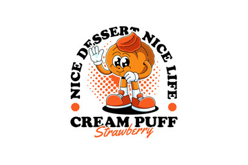 Choux puff pastry with strawberry retro cartoon character mascot illustration with standing and waving hand pose for cafes and pastry branding and merchandise