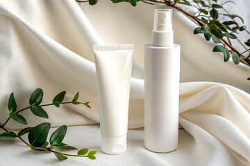 White cosmetic bottle and tube mockup on soft cloth scene