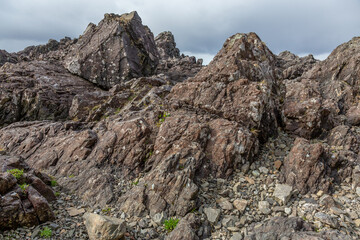 Rugged Rocky Shoreline With Jagged Boulders Under Cloudy Sky on West Coast Shore, Tofino