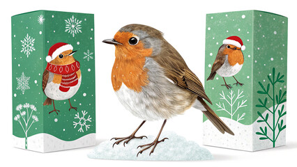 Cute winter bird illustrations on green patterned backgrounds