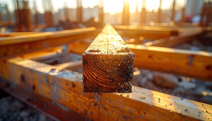 Close-up of a wooden beam, part of a construction frame, bathed in warm sunlight. The grain is visible