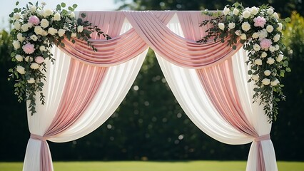 A romantic wedding arch adorned with graceful pink and white flowers ready for a dream