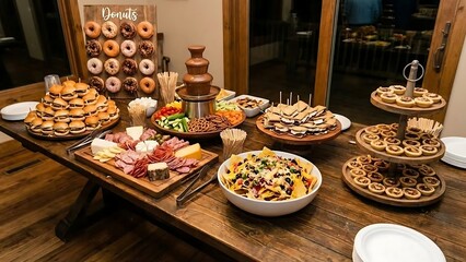 Abundant dessert buffet table with donuts, sliders, charcuterie, nachos, and a chocolate fountain.
