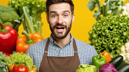 Portrait of happy bearded man in apron holding fresh organic vegetables on yellow background