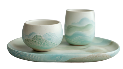 Ceramic drinkware set with wave art on matching oval tray
