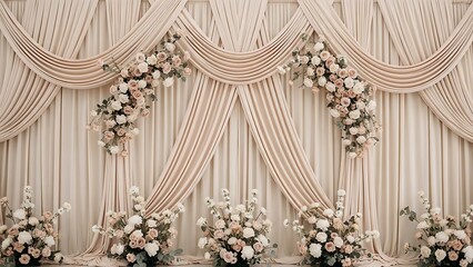 Elegant cream drapes lush pink and white roses define a romantic event backdrop soft light