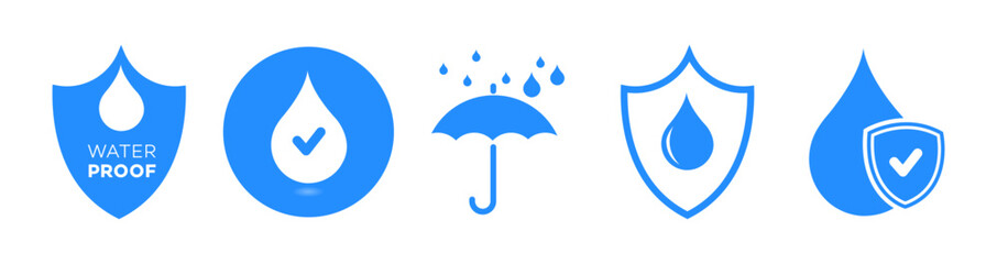 Waterproof Icon Set  Blue Vector Symbols for Water Resistance