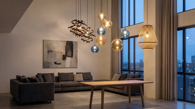 Elegant Modern Living Room with Stylish Lighting Fixtures and Large Windows at Dusk