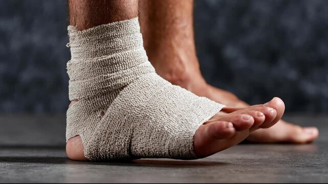 Close-up of injured male foot and ankle wrapped in elastic medical bandage for sprain recovery