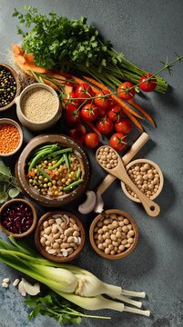 Assorted grains, legumes and vegetables in bowls on dark surface. Healthy cooking ingredients flat lay ideal for recipes, meal prep and nutrition branding.