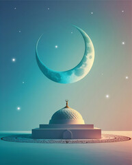 Shab-e-Meraj Islamic background with 3D mosque and crescent moon, Generative AI