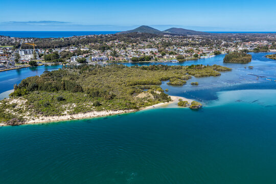 A sweeping aerial view of Wallis Lake and the town of Forster