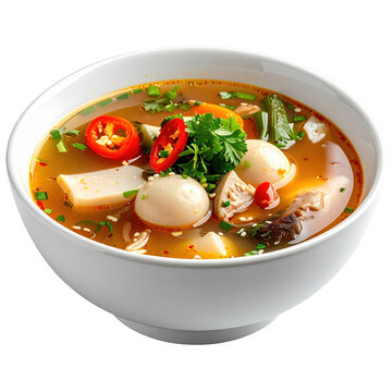 Tangy and savory sinigang na baboy, a filipino pork and vegetable soup in a tamarind broth, beautifully presented and isolated on a white background
