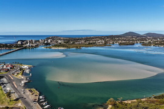 A sweeping aerial view of Wallis Lake and the town of Forster