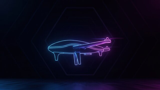 Sleek Neon Drone Outline in a Futuristic Dark Hexagonal Chamber with Vibrant Digital Illumination