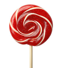 Red and white swirled round lollipop candy on stick with spiral pattern, isolated on transparent background