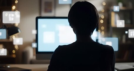 Woman using computer with floating digital icons - Powered by Adobe
