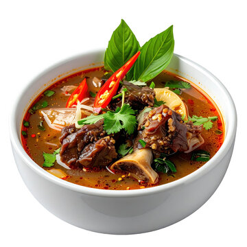 A single serving of sop buntut, indonesian oxtail soup featuring tender meat pieces and vegetables in broth, isolated on white background