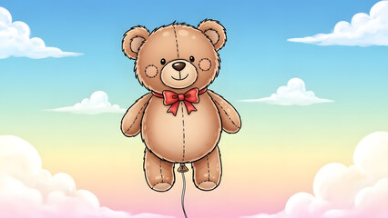 Cute stuffed bear holding a colorful party balloon