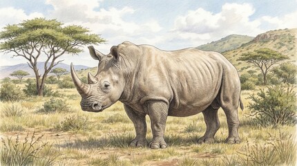 Obraz premium Rhinoceros Grazing in a Lush Savannah Landscape under a Clear Sky in Africa