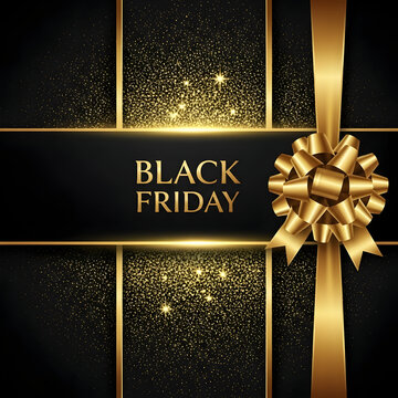 Black friday sales event with golden ribbon and glitter