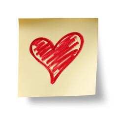 Yellow sticky note with red hand-drawn heart with scribbled details, isolated on transparent background