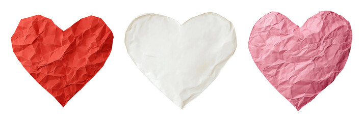 Wrinkled paper hearts isolated on transparent background