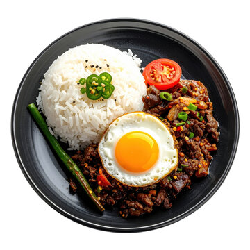 Savory tapsilog meal with marinated beef and sunny side up egg, expertly captured and isolated on white background